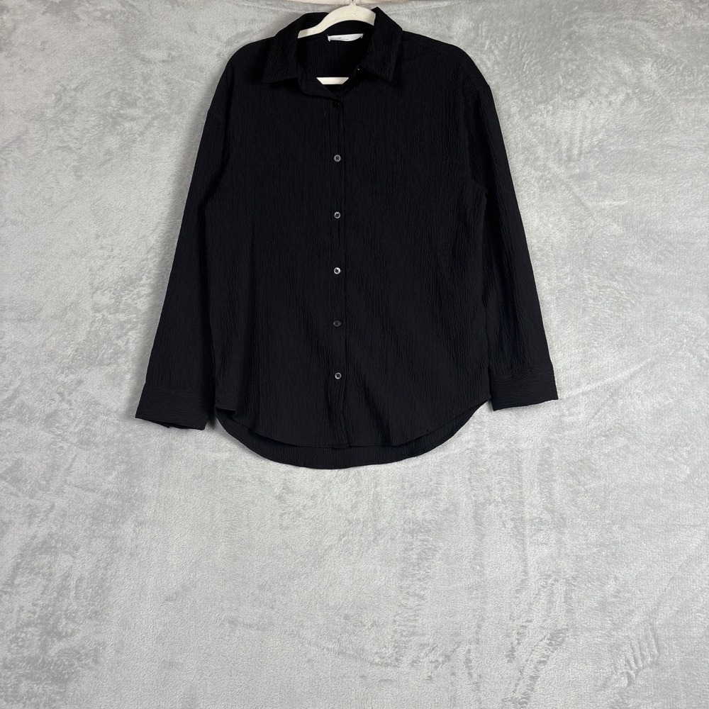 Oak + Fort Button Down Shirt Womens Black Textured Crinkle Long Sleeve Grunge